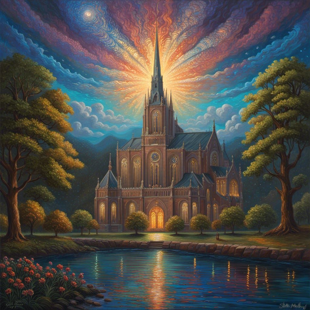 Cathedral by Water Under Starry Fractal Sky