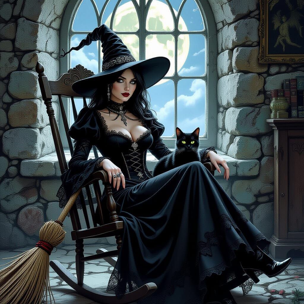 Gothic Witch with Black Cat in Comic Style