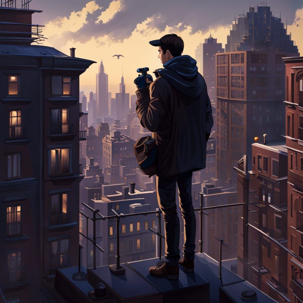 Man Observes Cityscape from Rooftop Perch