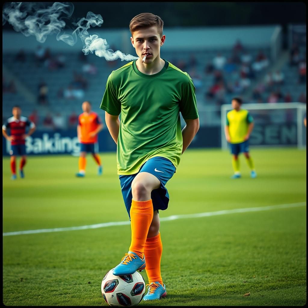 Young Man Smoking on Soccer Field, Gritty Film Style