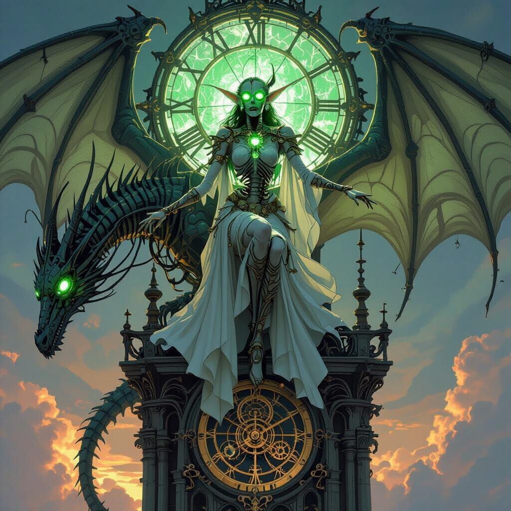 Elven Skeleton Dancer on Bone Clock Tower with Dragon Wings