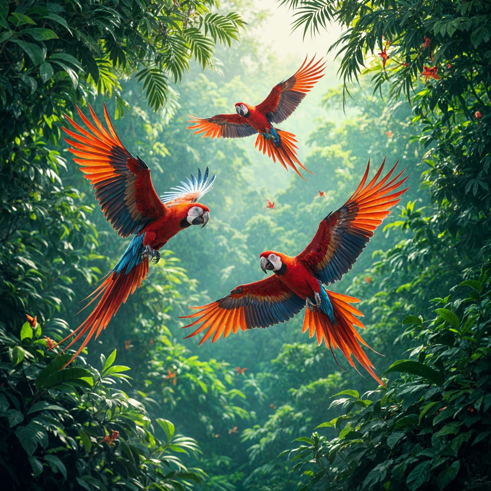 Vibrant Macaws Soaring in a Dazzling Jungle
