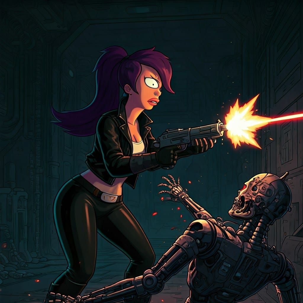 Leela Blasts Terminator in Futurama Cartoon Style