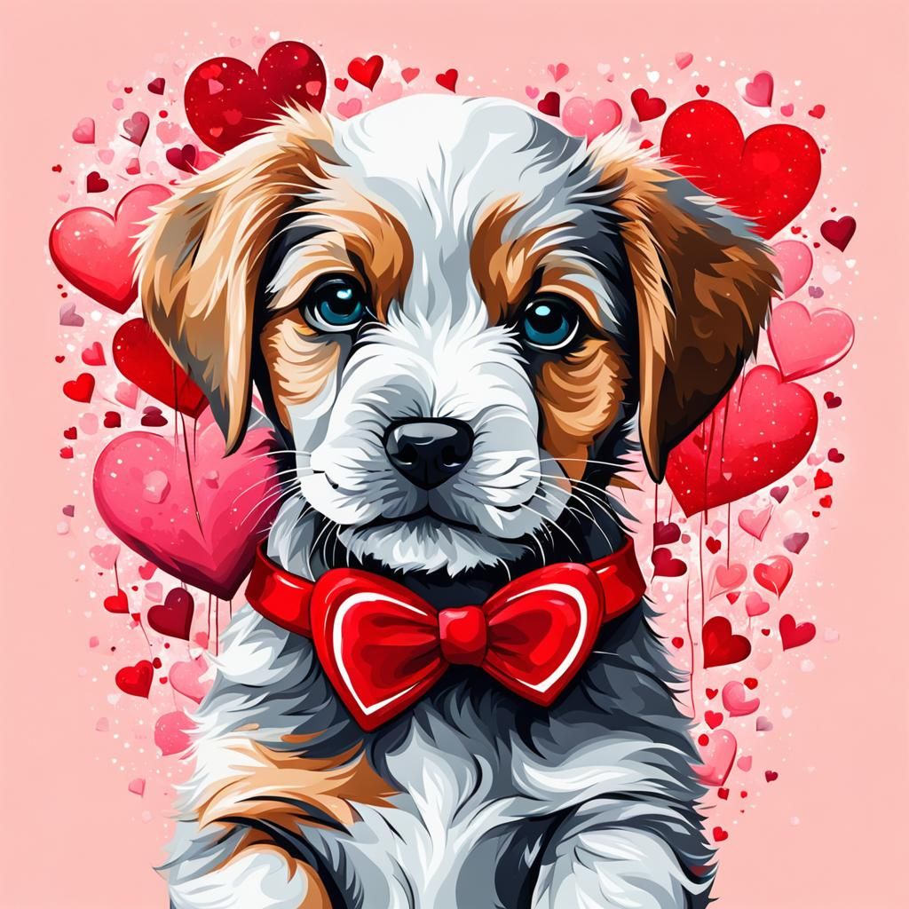 Cute Puppy Celebrates Valentine's Day in Abstract Art