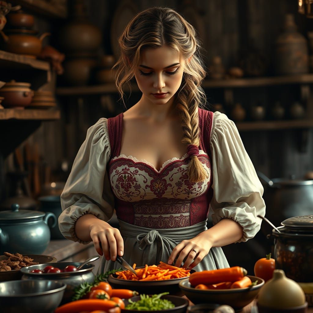 Young Woman Prepares Food in Cozy Medieval Kitchen