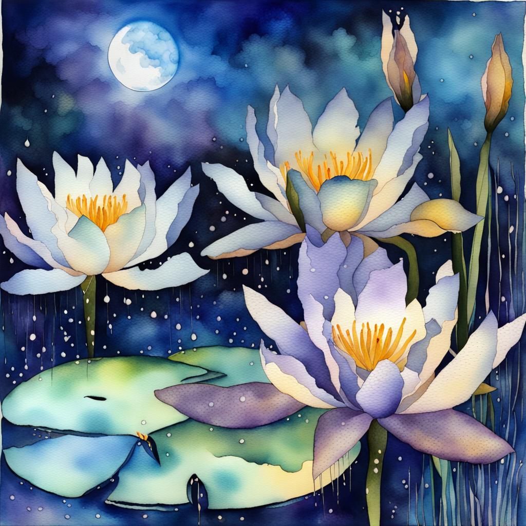 Water Lilies and Iris in Watercolor Pondscape