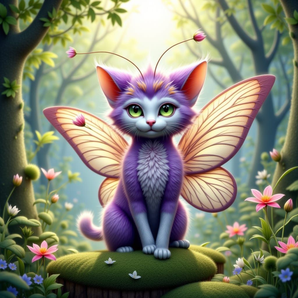 Whimsical Floral Kitten Creature in Enchanted Forest