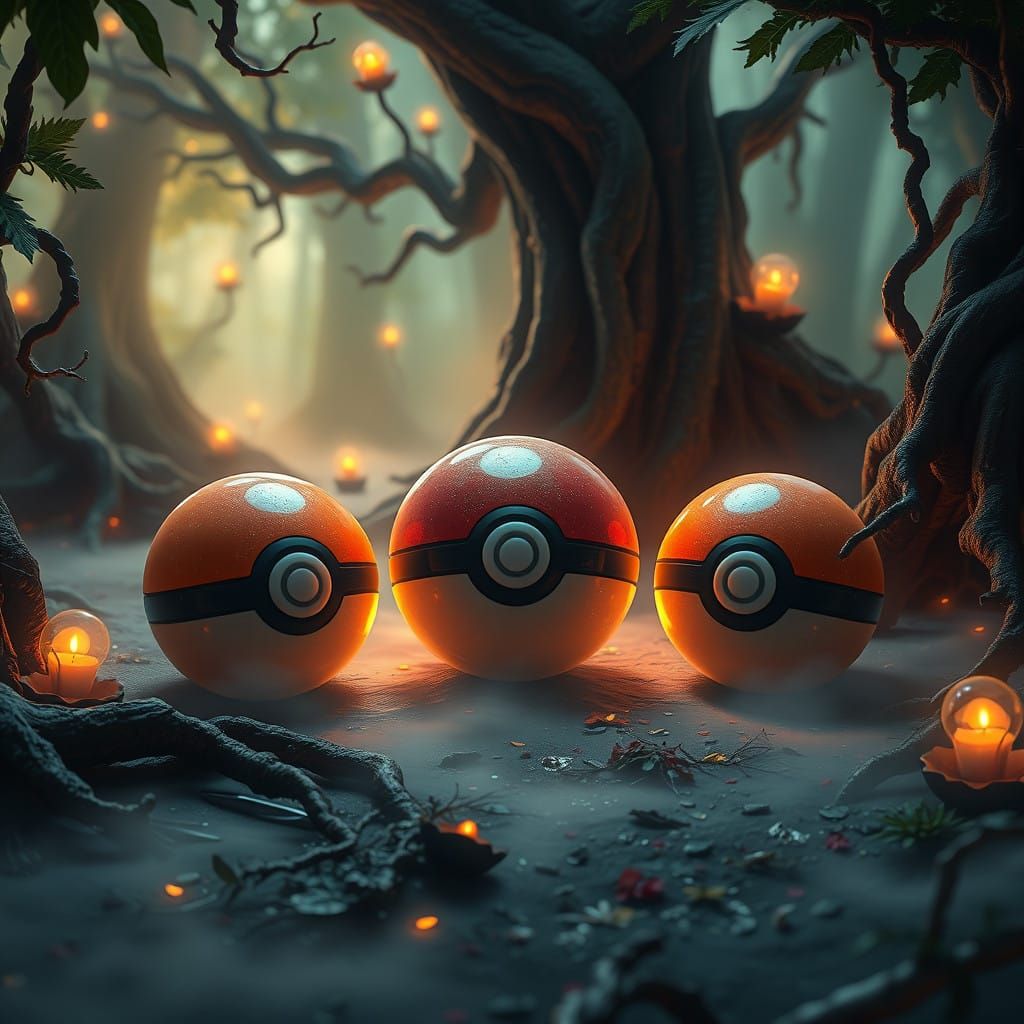 Surreal Pokeballs in Mystical Forest