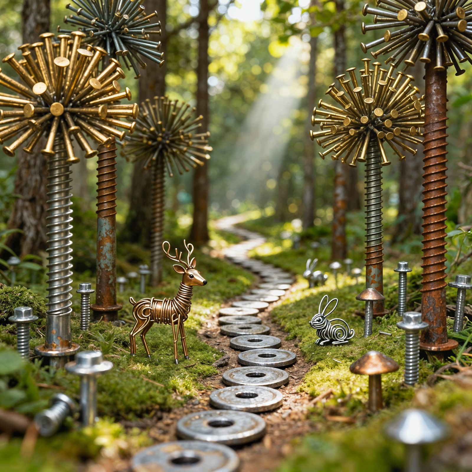 Enchanted Forest Diorama of Metallic Trees and Creatures