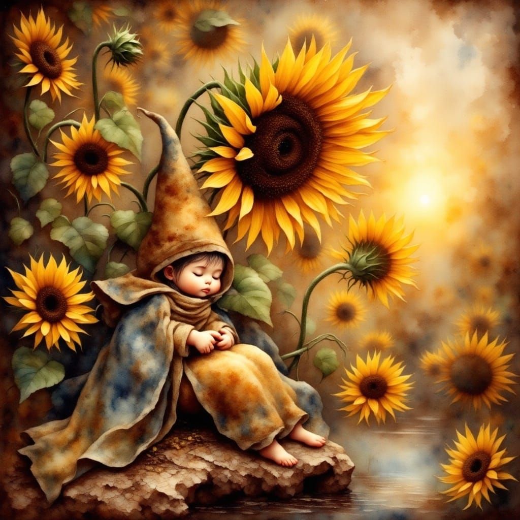 <lora:Antique Watercolor 2:1.1> cute whimsical sleepy gnome ...