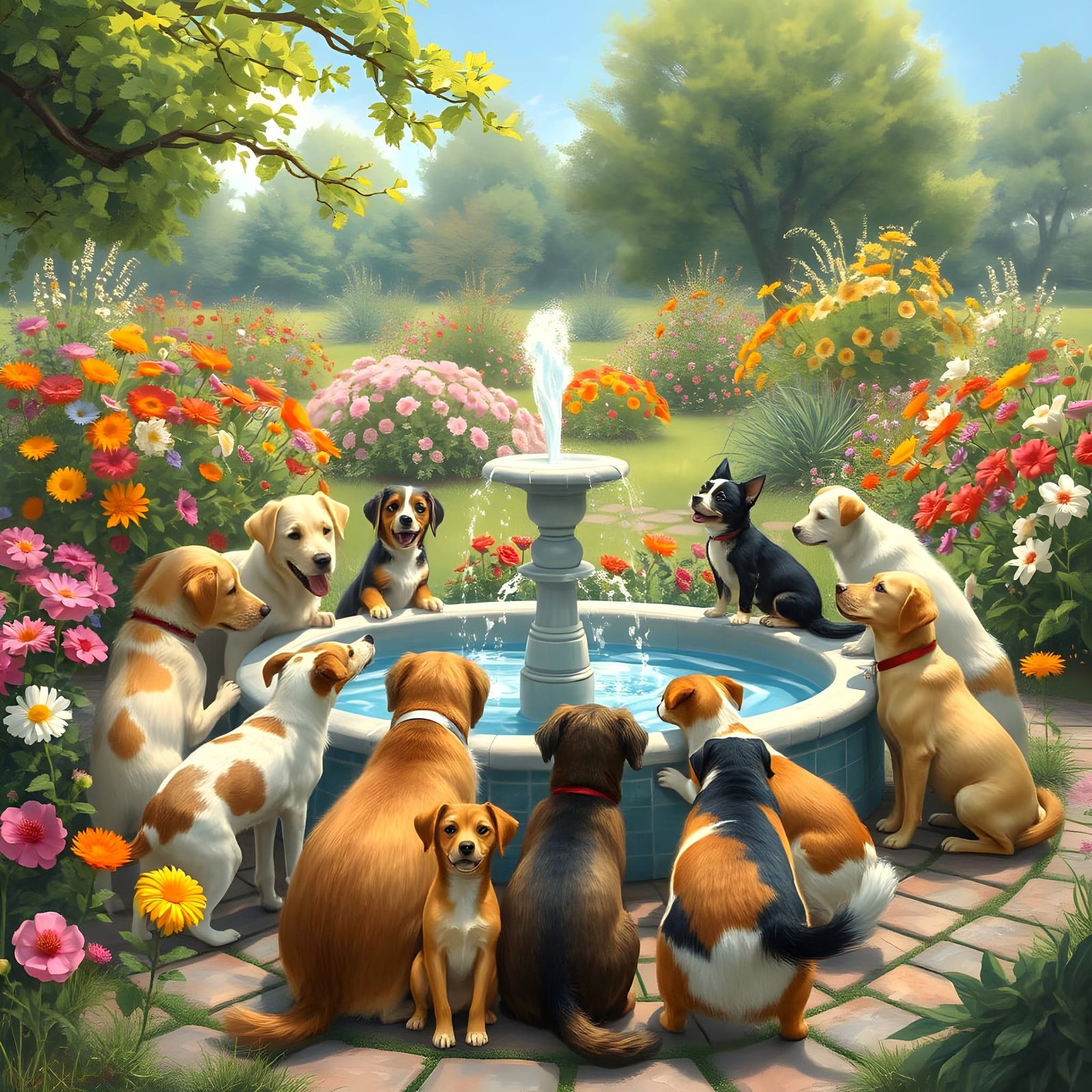 Stray Pets Quench Thirst at Park Fountain