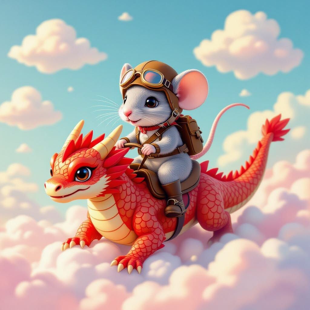 Mouse and Dragon Ride in Kawaii Ghibli Style