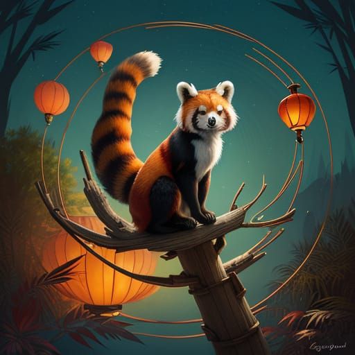 Art Deco Red Panda on Tightrope with Woodland Creatures