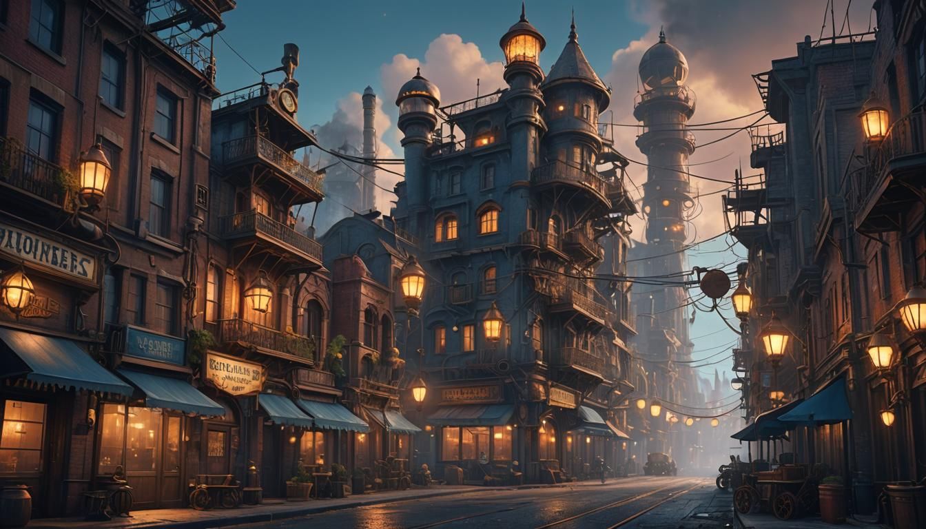 Steampunk City Street at Dusk with Amber Lights