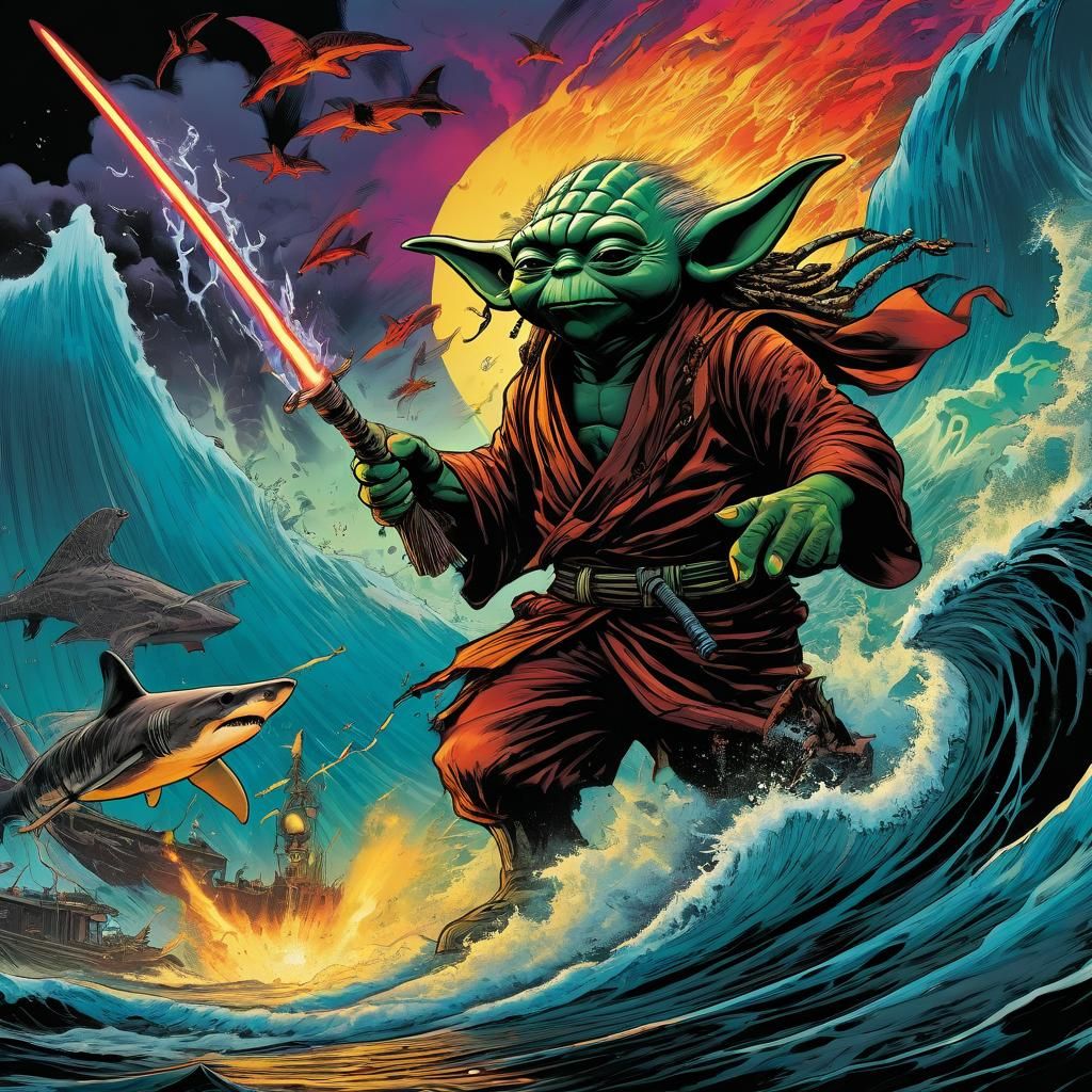 Jamaican Yoda Rides Shark in War Zone: Comic Art