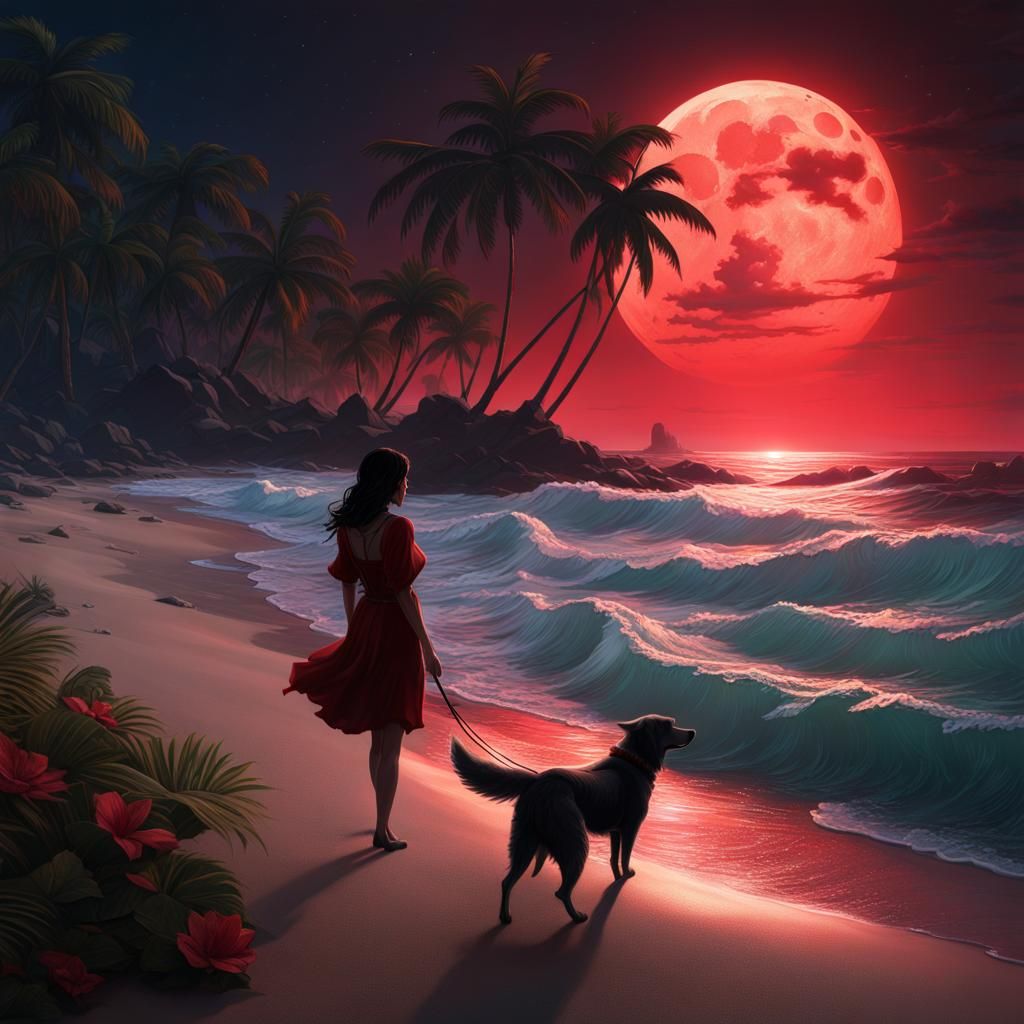 A lone girl , dog and full red moon