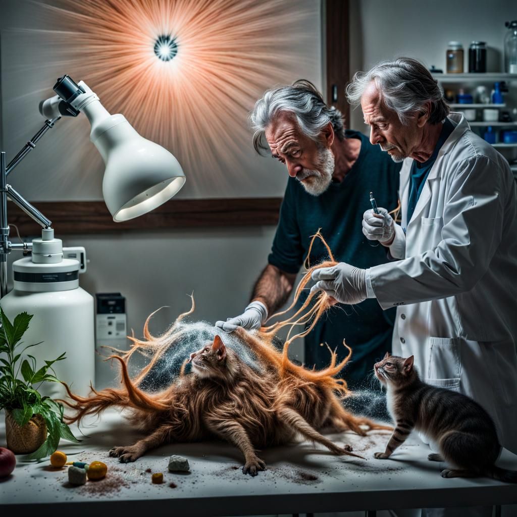 Surreal Portrait in White Lab with Bizarre Creatures