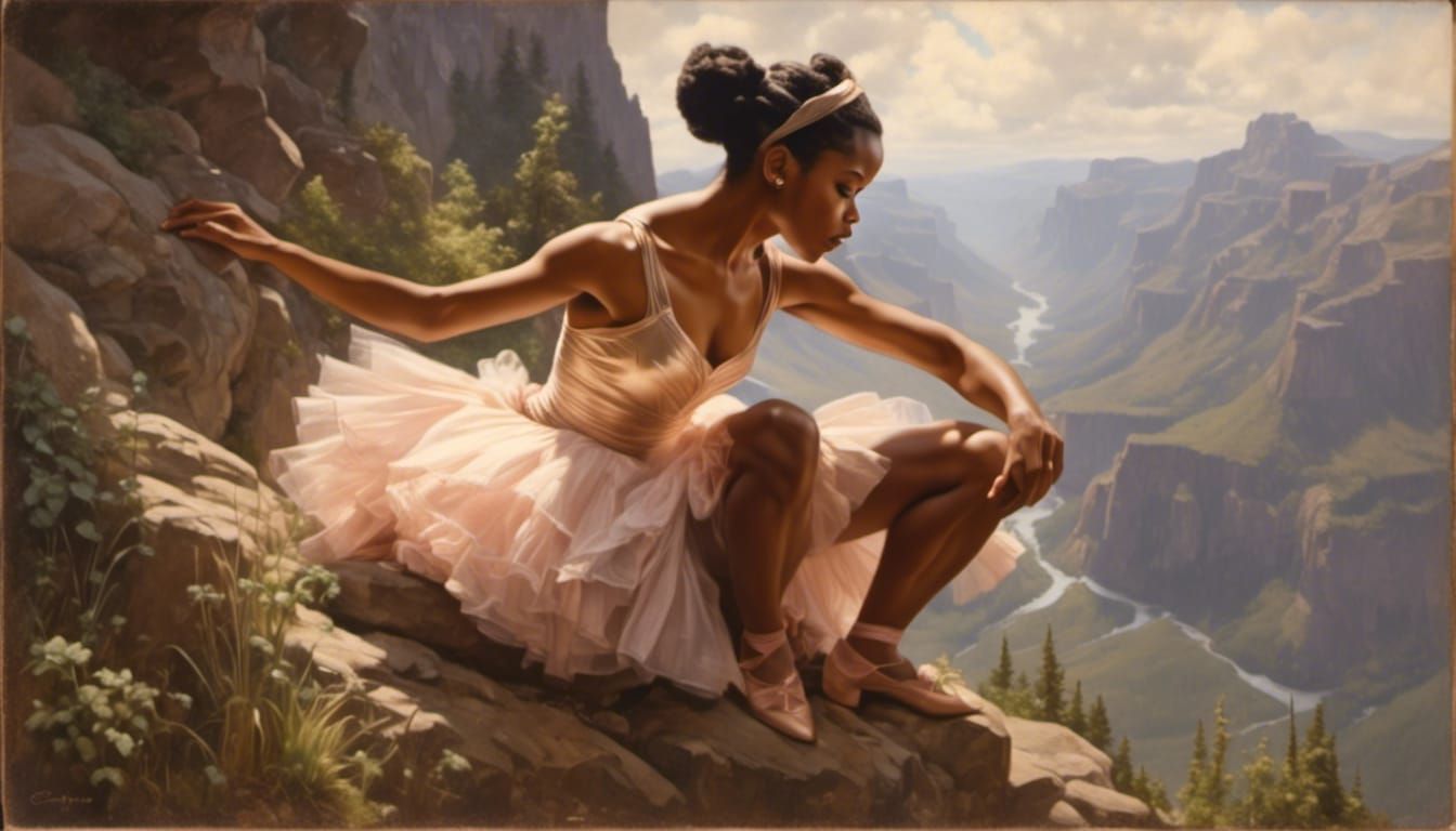 African American Ballerina Tying Shoes on Mountain