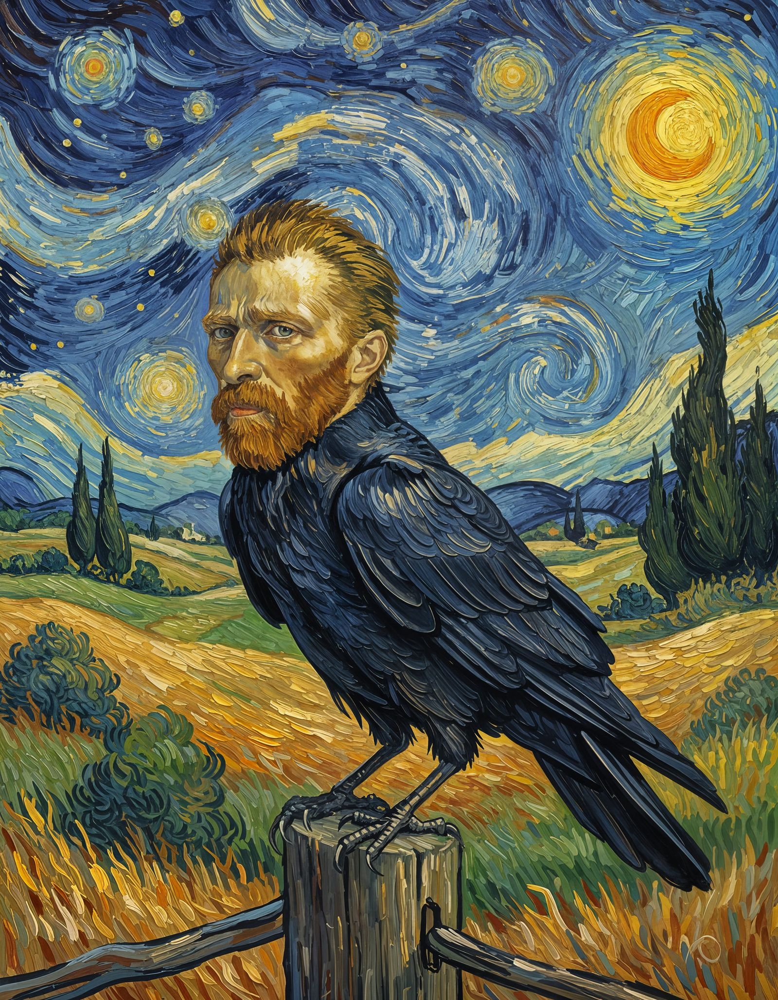 Van Gogh Head Crow on Fence Post, Painterly Sky