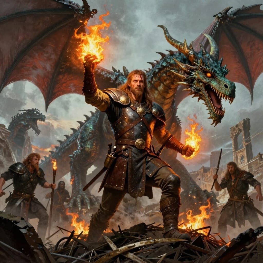 Viking Warrior Triumphs Over Dragons in Fiery Ruin