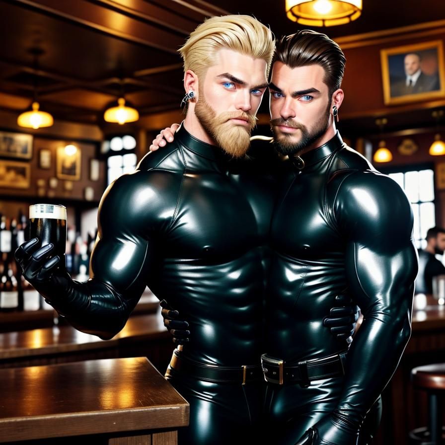 Men in Rubber Suits Embrace at a Pub