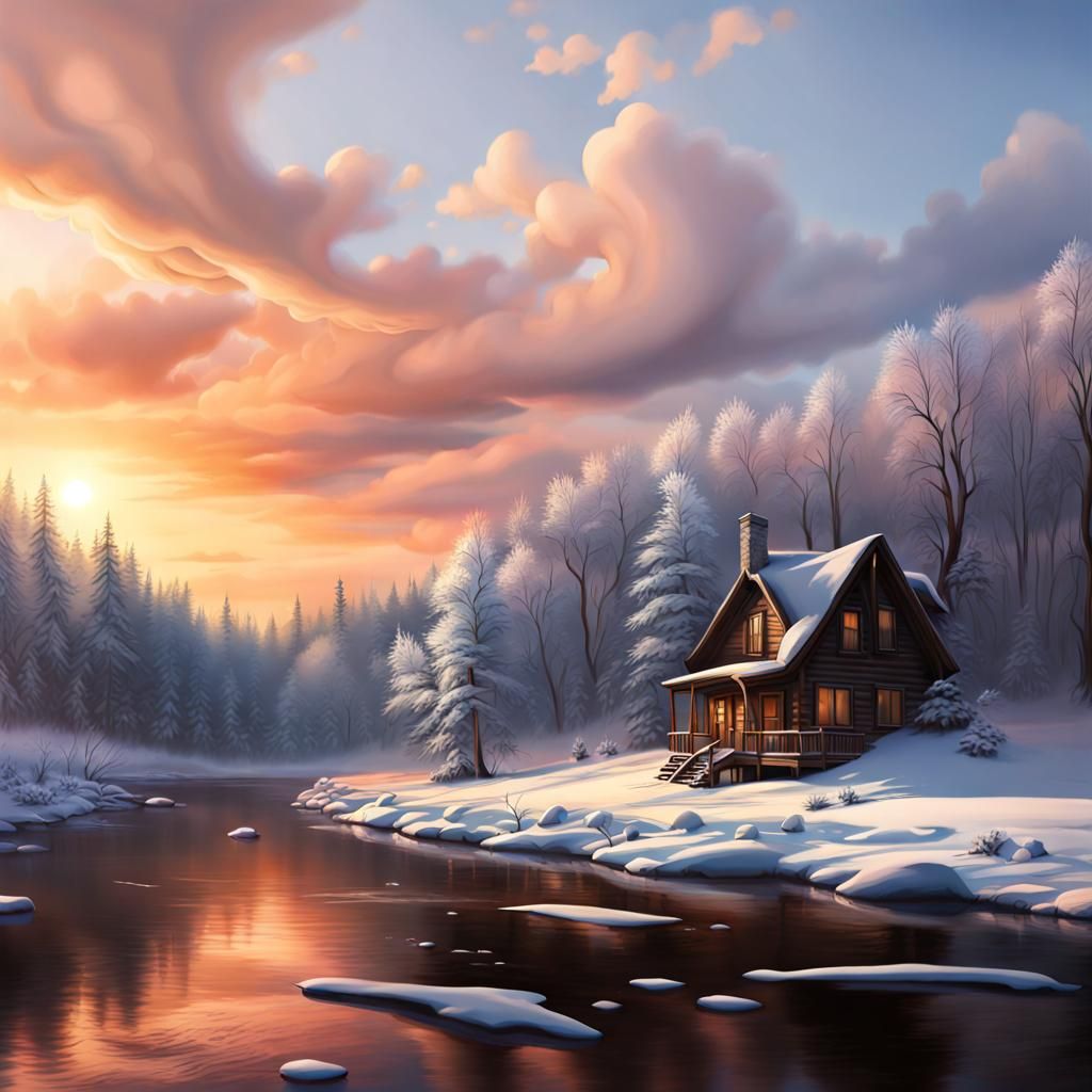 Hyperrealistic Cabin by Frozen River at Sunset