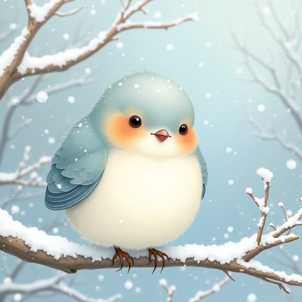 Whimsical Japanese Snow Fairy Bird in Watercolor