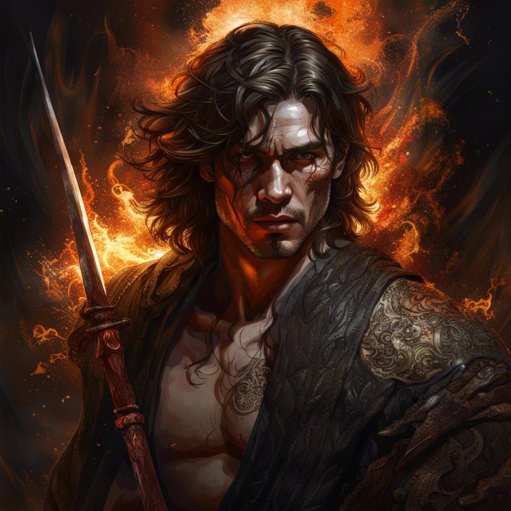 Handsome Swordsman Portrait with Flaming Background