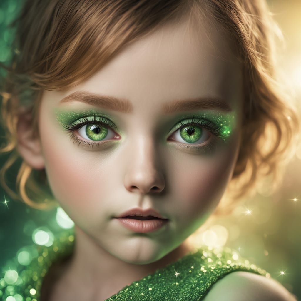 Digital Portrait of a Baby Girl with Glowing Green Eyes