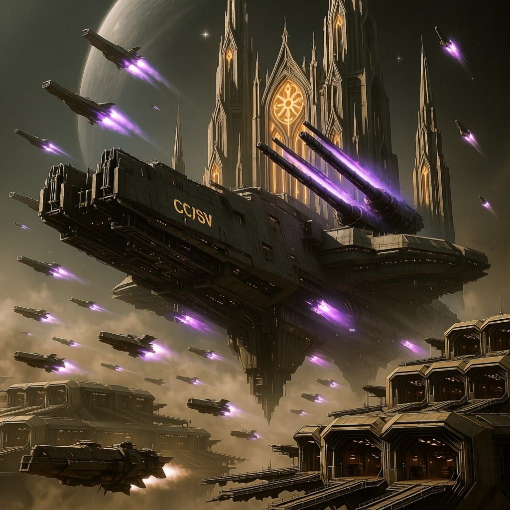 Colossal Armored Spaceship over Binary Star System