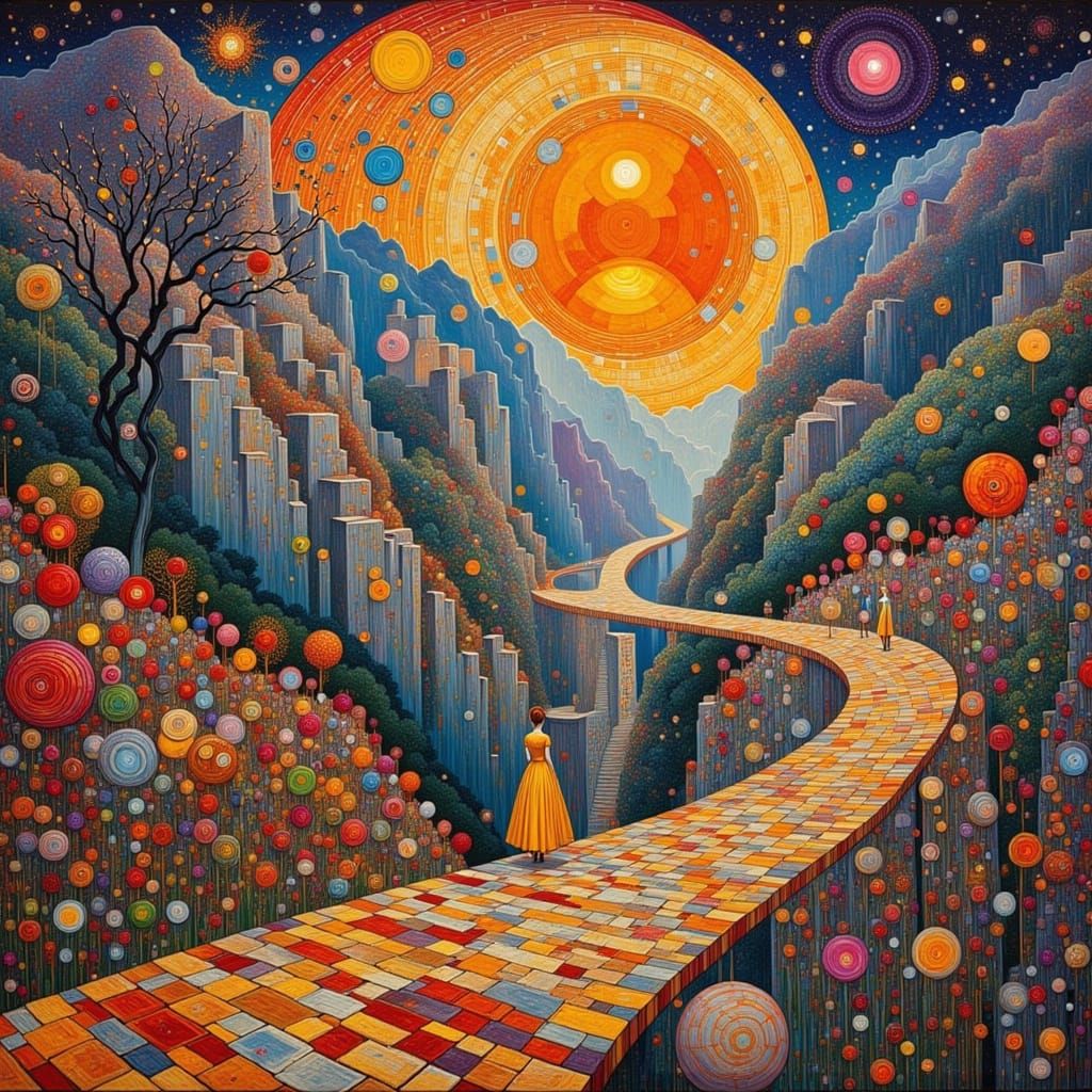 Surreal Dreamscape: Mountain Roads in Klimt Style