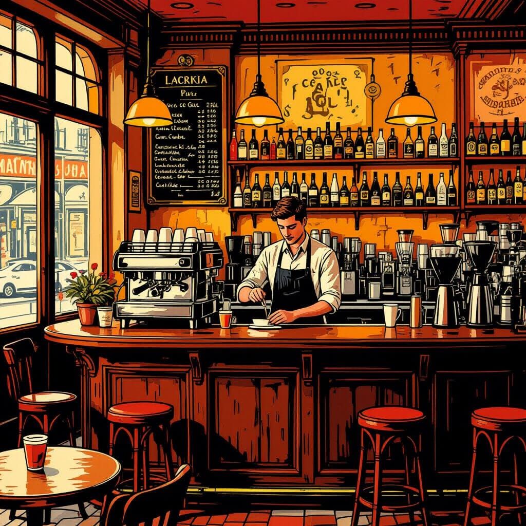 Cozy Drink Shop Interior in Linocut Style