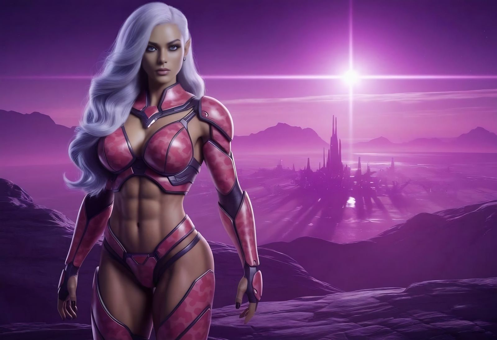 Alien Commander Overlooks City in Violet Sunset