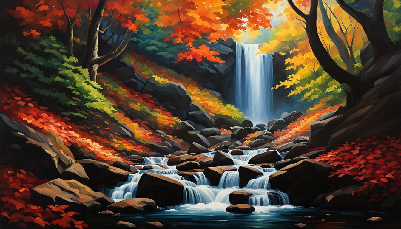 Rocky Waterfall Through Canopy, Oil Painting