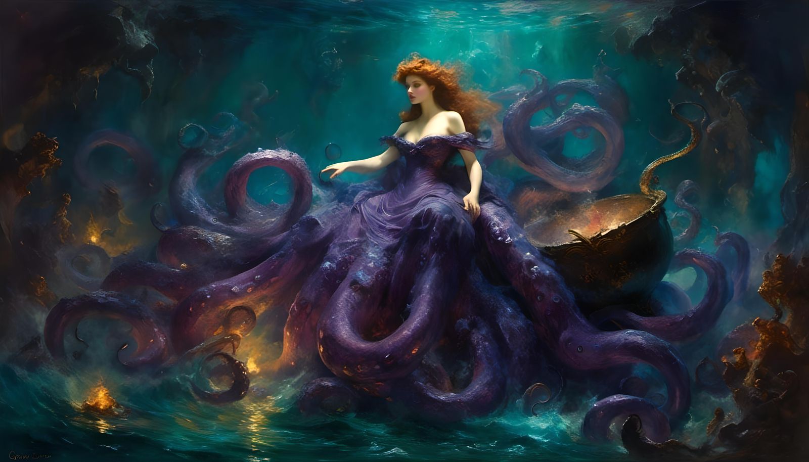 Imposing Sea Witch Casting Spell, as Oil Painting