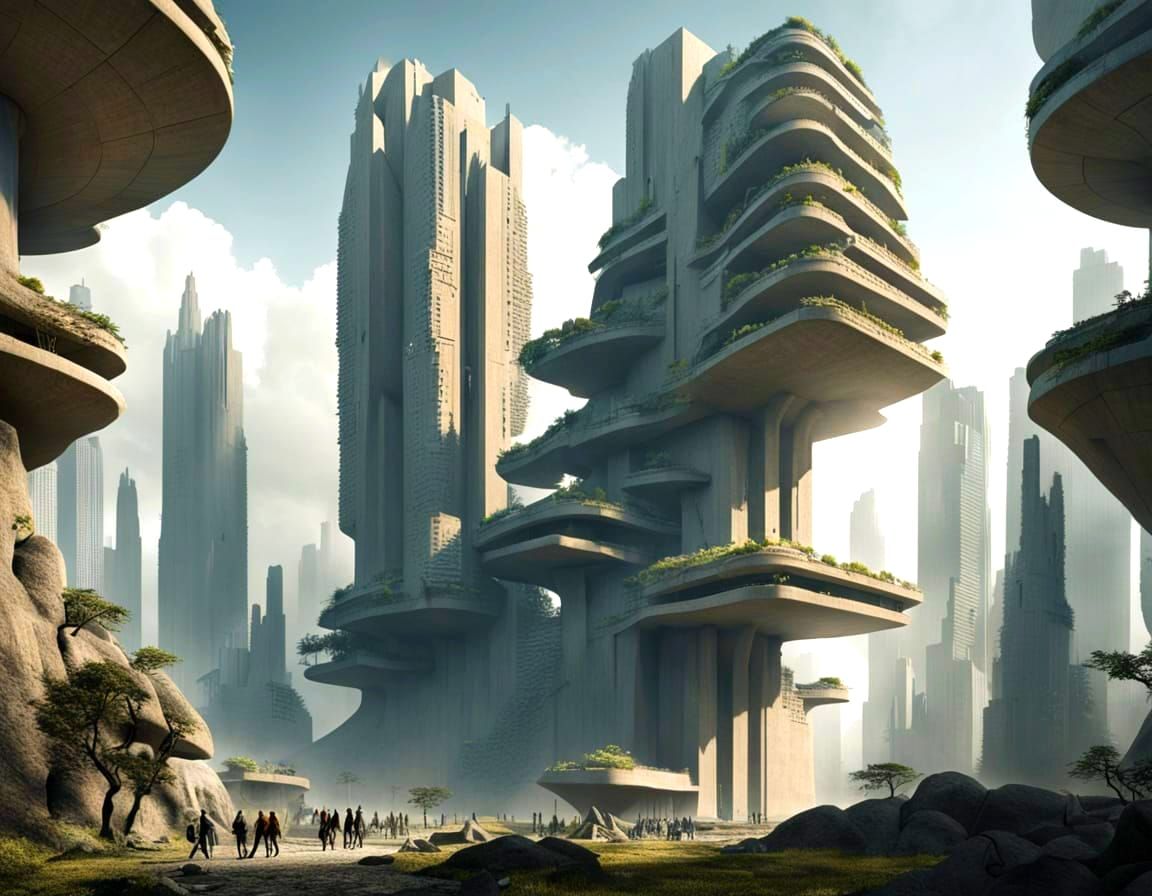Monolithic Lost City in Brutalist Style