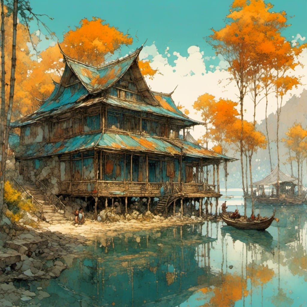 Lakefront Bamboo Cottages in Ancient Asian Art Style