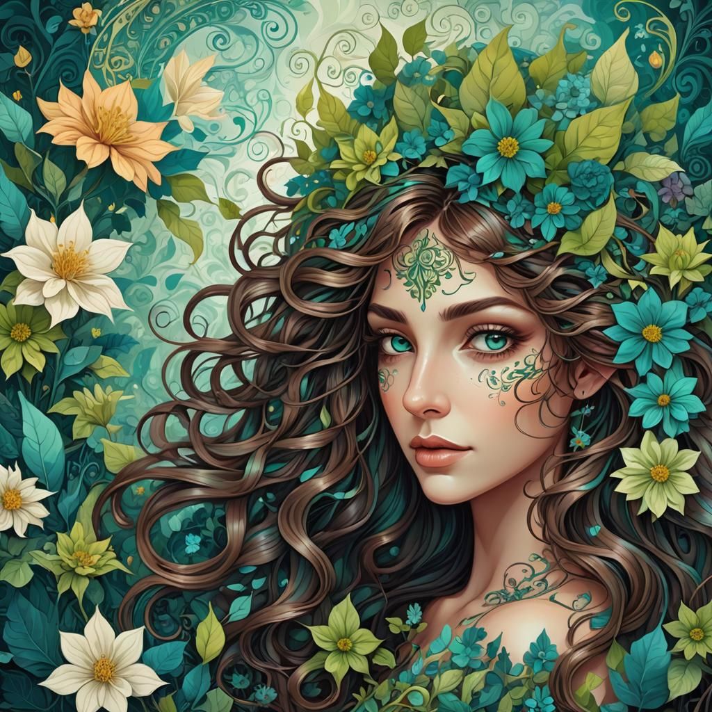 Elf Woman in Flower Garden with Abstract Accents