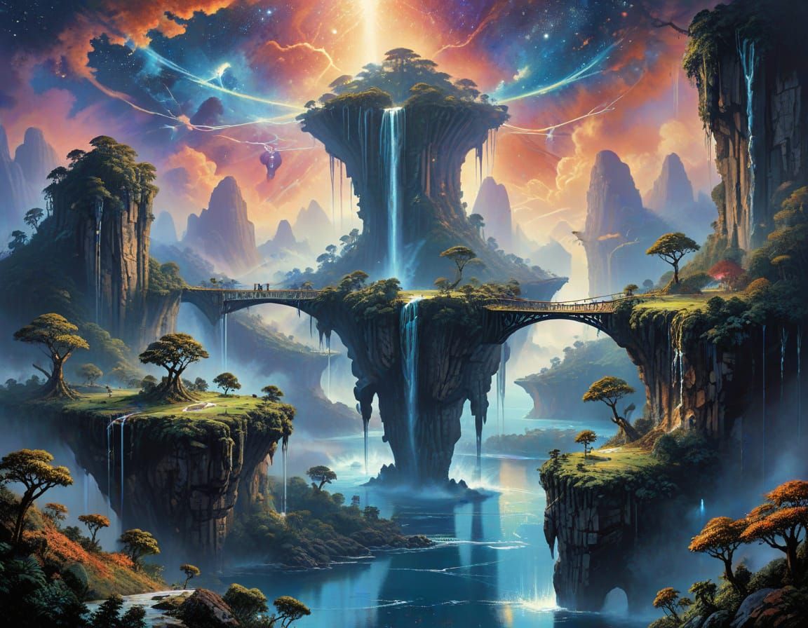 Floating Islands Vista with Waterfalls and Cosmic Sky