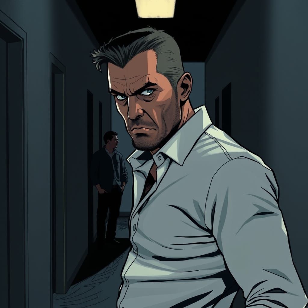 Man's Jealousy in Noir Style Hallway
