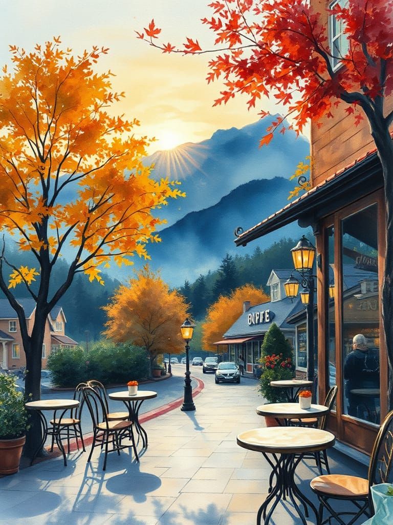 Impressionist Watercolor Coffee Shop in Autumn Sunrise