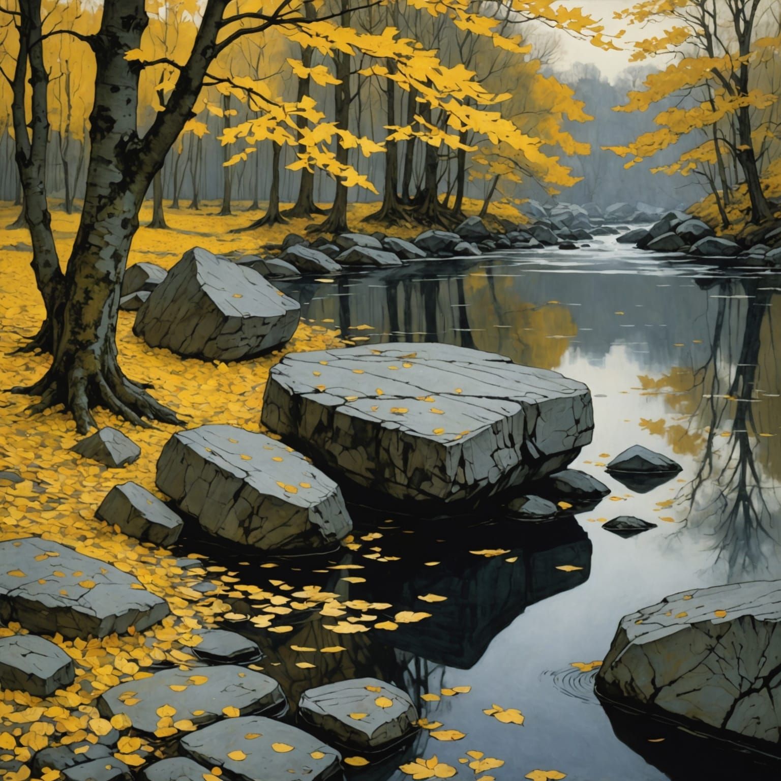 Autumn River Scene in Arthur Rackham Style