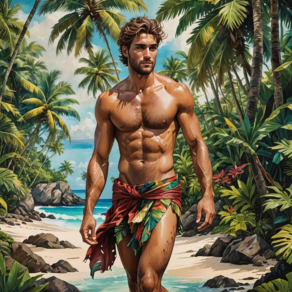 Shipwrecked Man in Loincloth: Alcohol Ink Masterpiece