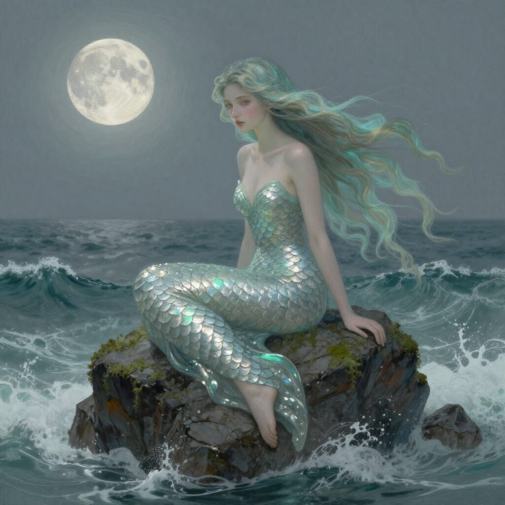 Ethereal Siren on Stormy Sea Rock in Art Nouveau Style