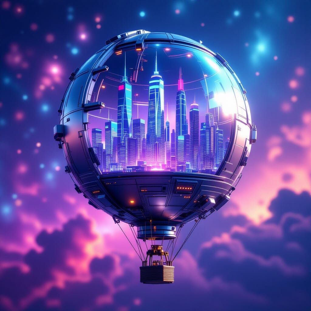 Futuristic Balloon City Soaring Through Nebula
