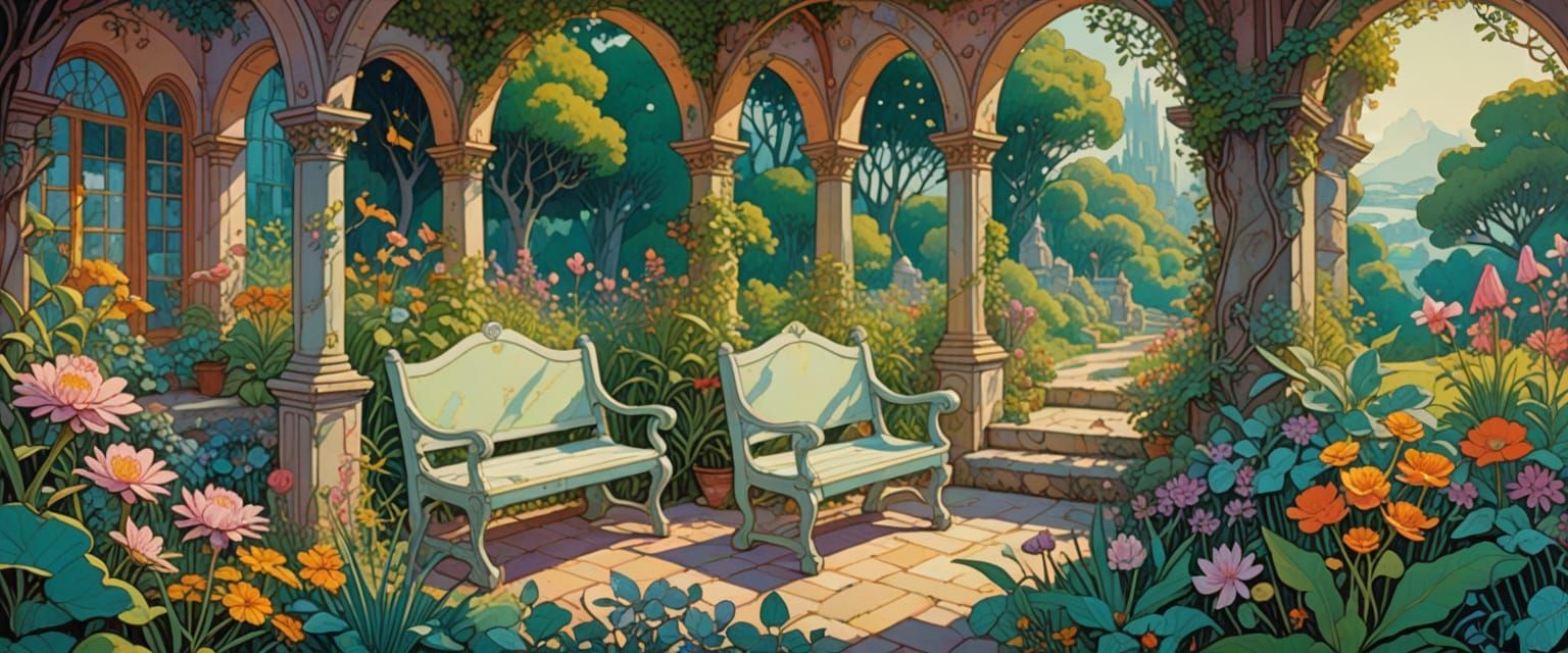 Whimsical Garden Benches in Naive Folk Art Style