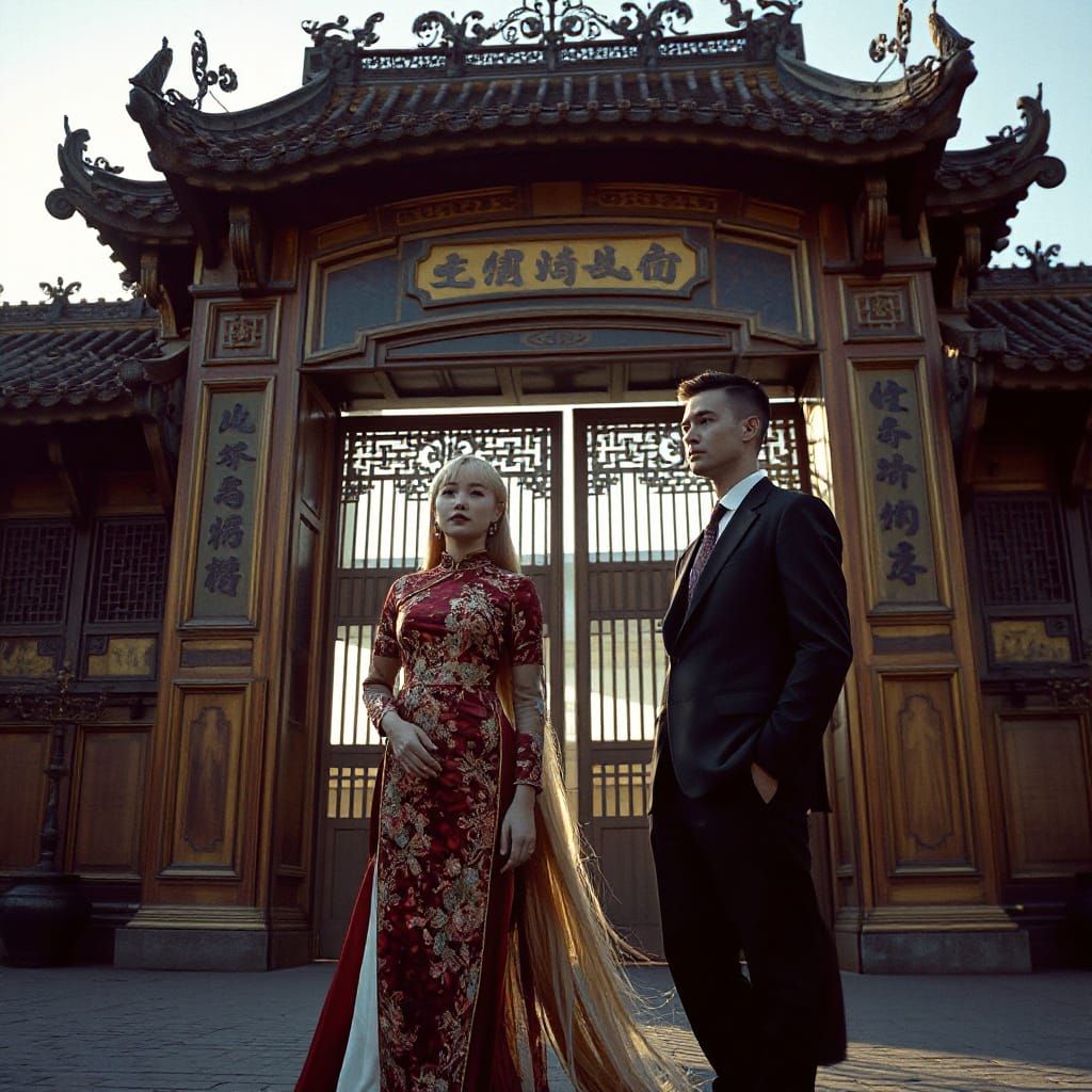 Sorrowful Chinese Couple at Gate in Pre-Raphaelite Style