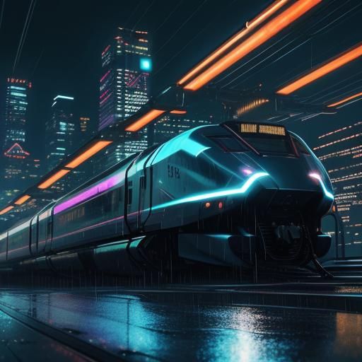Futuristic Upside-Down Tokyo Train in Cyberpunk Style