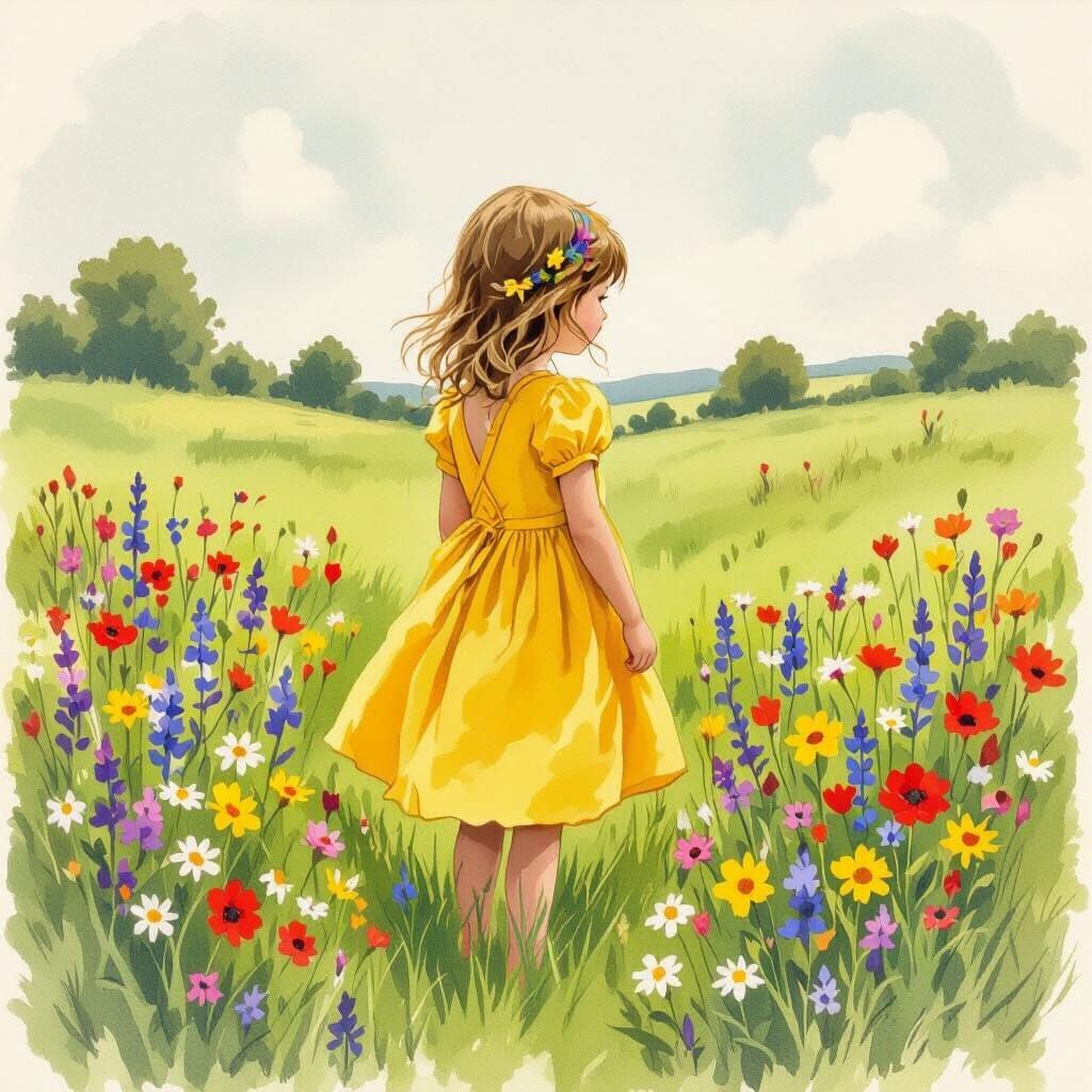 Young Girl Abby in Wildflower Meadow, Beatrix Potter Style