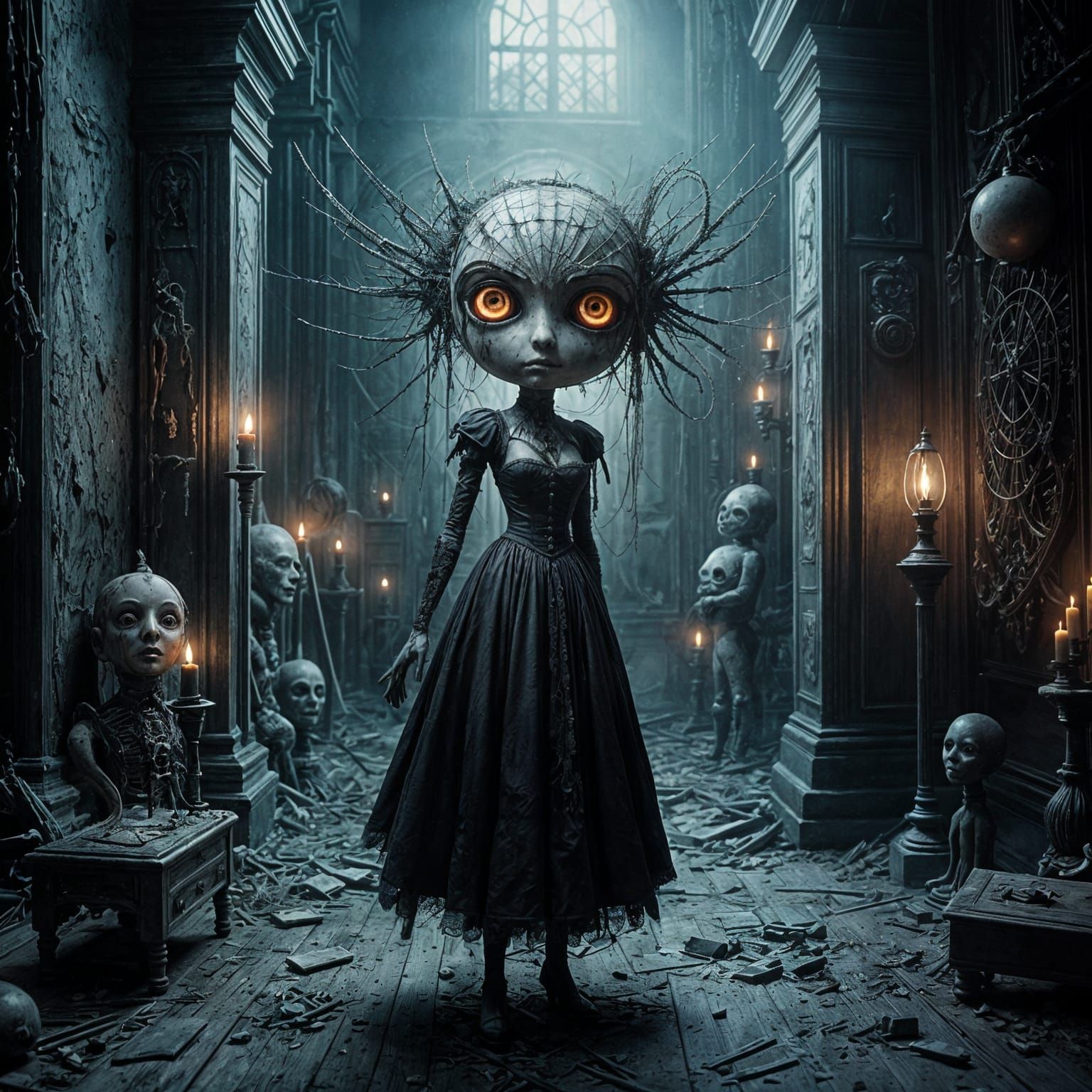 Victorian Clockwork Doll in Dilapidated Mansion